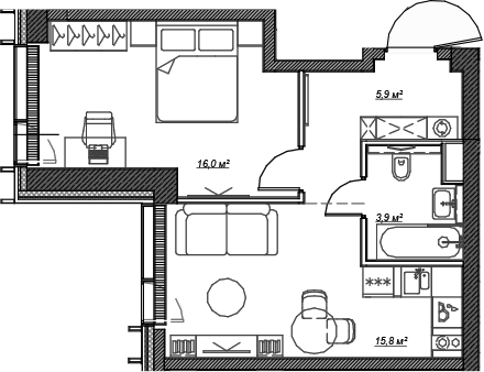 Планировка — Веер, 2-комн., 42 м²