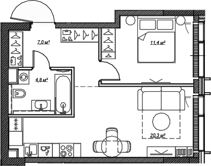 Планировка — Веер, 2-комн., 44 м²