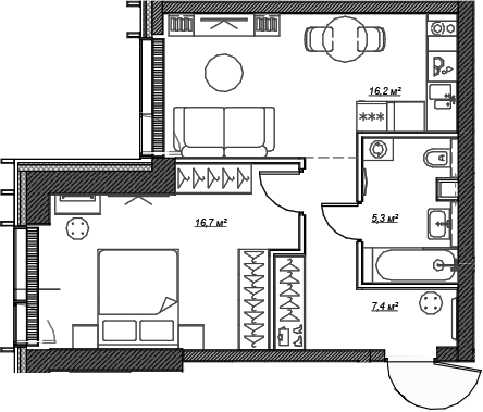 Планировка — Веер, 1-комн., 46 м²