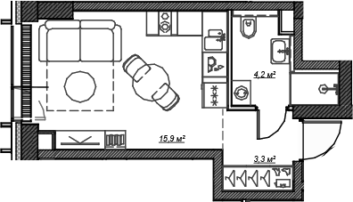 Планировка — Веер, Студия, 23 м²