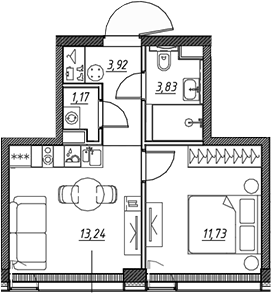 Планировка — Веер, 2-комн., 34 м²