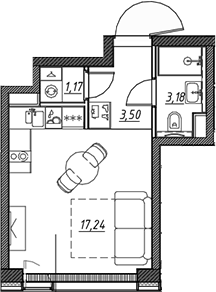 Планировка — Веер, Студия, 24 м²