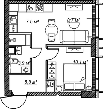 Планировка — Веер, 2-комн., 36 м²