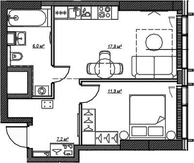Планировка — Веер, 2-комн., 43 м²
