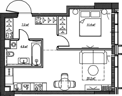 Планировка — Веер, 2-комн., 44 м²