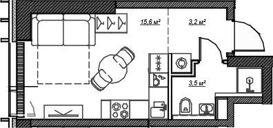 Планировка — Веер, Студия, 22 м²