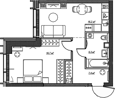 Планировка — Веер, 1-комн., 46 м²