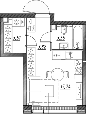 Планировка — Веер, Студия, 27 м²
