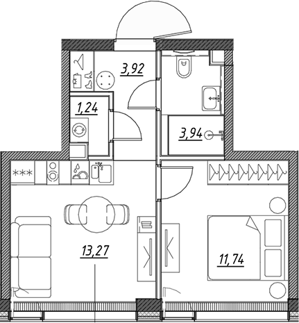 Планировка — Веер, 2-комн., 34 м²