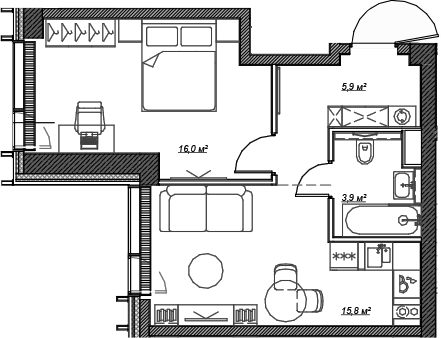 Планировка — Веер, 2-комн., 42 м²