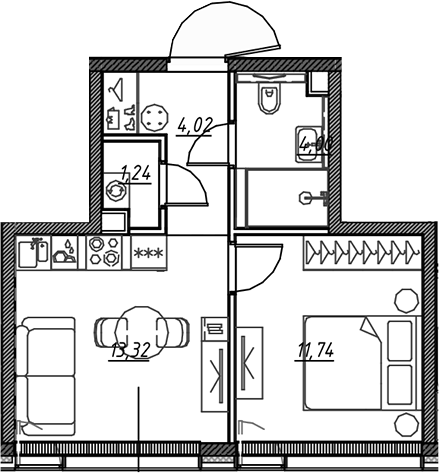 Планировка — Веер, 2-комн., 34 м²