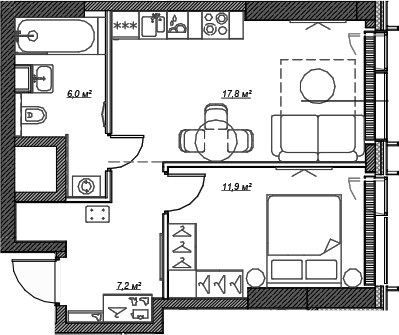 Планировка — Веер, 2-комн., 43 м²