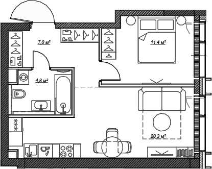Планировка — Веер, 2-комн., 44 м²