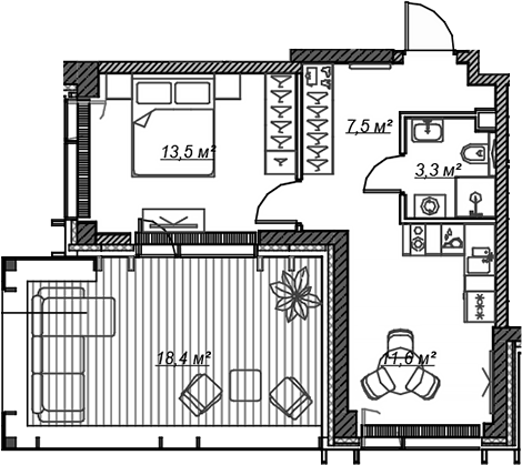 Планировка — Веер, 1-комн., 36 м²