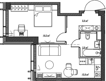 Планировка — Веер, 2-комн., 42 м²
