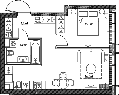 Планировка — Веер, 2-комн., 44 м²