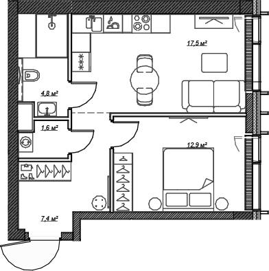 Планировка — Веер, 2-комн., 44 м²