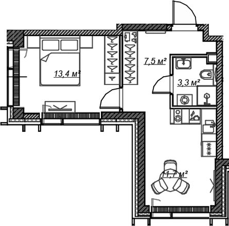 Планировка — Веер, 1-комн., 36 м²