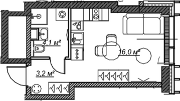 Планировка — Веер, Студия, 23 м²
