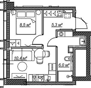 Планировка — Веер, 2-комн., 30 м²
