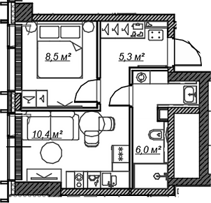 Планировка — Веер, 2-комн., 30 м²