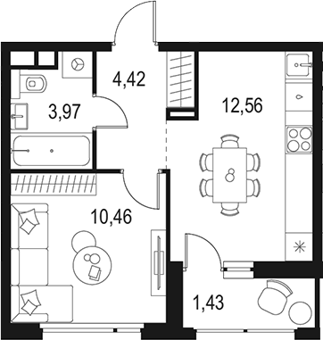 Планировка — Левел Лесной, 1-комн., 30 м²