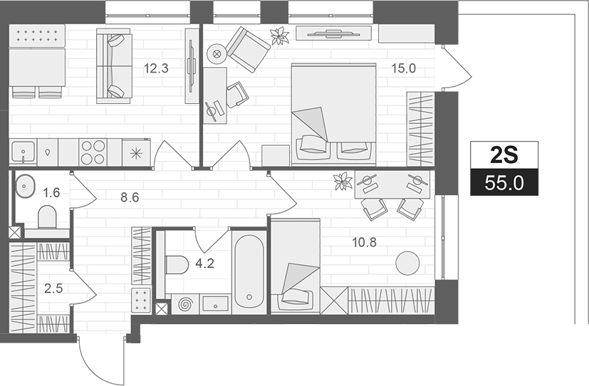 Планировка — АРТЕЛЬ, 2-комн., 55 м²