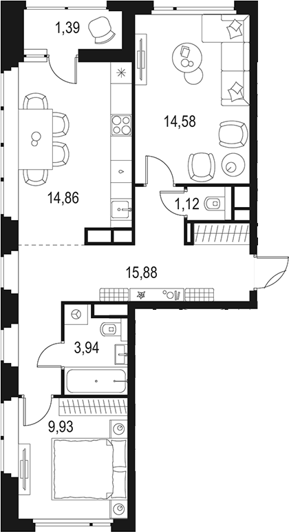 Планировка — Левел Лесной, 2-комн., 60 м²