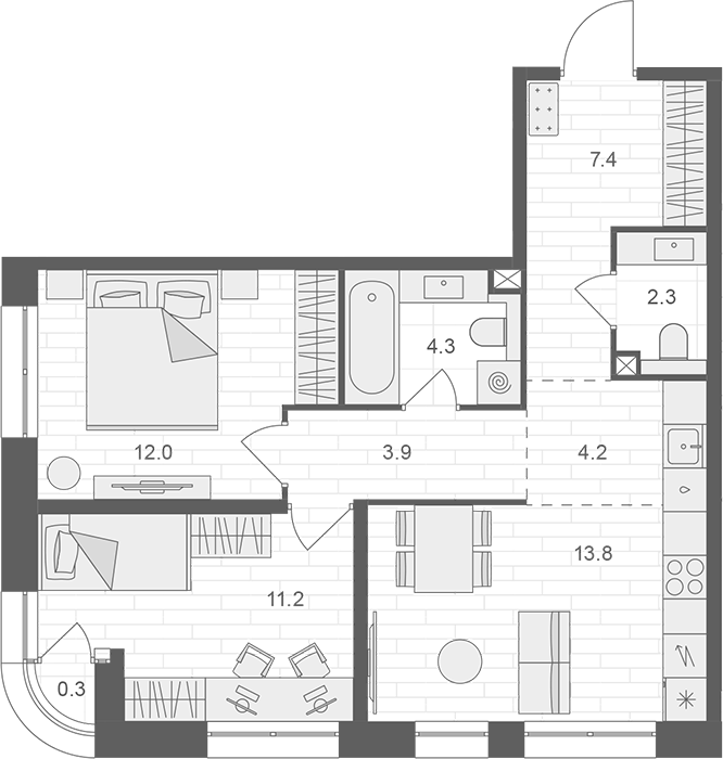 Планировка — АРТЕЛЬ, 3-комн., 59 м²