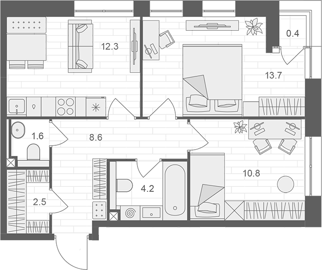 Планировка — АРТЕЛЬ, 2-комн., 54 м²
