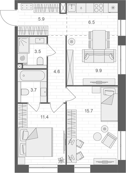 Планировка — АРТЕЛЬ, 3-комн., 61 м²