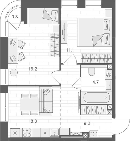 Планировка — АРТЕЛЬ, 2-комн., 50 м²