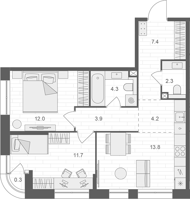 Планировка — АРТЕЛЬ, 3-комн., 60 м²
