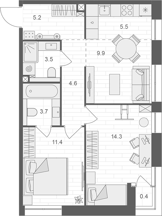 Планировка — АРТЕЛЬ, 3-комн., 58 м²