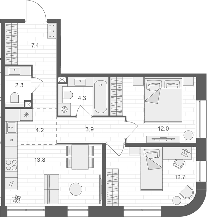 Планировка — АРТЕЛЬ, 3-комн., 61 м²