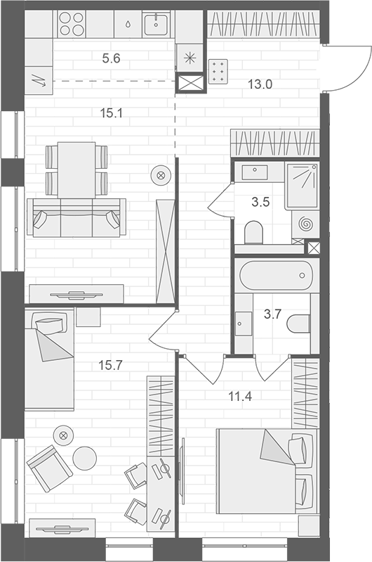 Планировка — АРТЕЛЬ, 3-комн., 68 м²