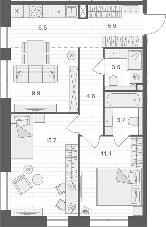 Планировка — АРТЕЛЬ, 3-комн., 61 м²