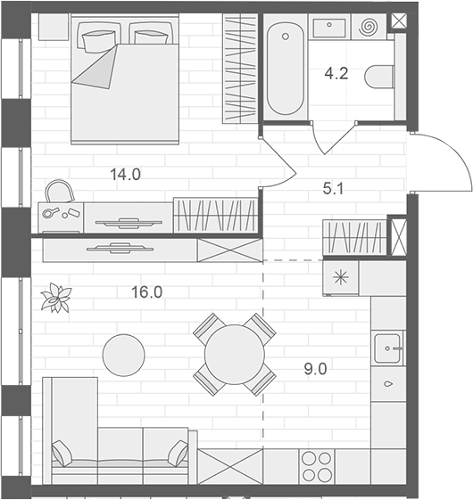 Планировка — АРТЕЛЬ, 2-комн., 48 м²