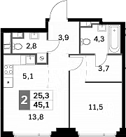Планировка — Sydney City, 2-комн., 45 м²