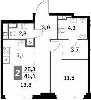 Планировка — Sydney City, 2-комн., 45 м²