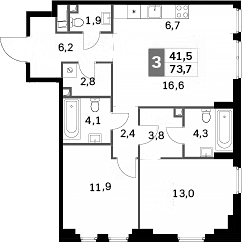 Планировка — Sydney City, 3-комн., 74 м²