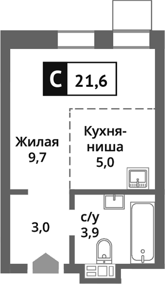 Планировка — Никольский квартал Отрада, Студия, 22 м²