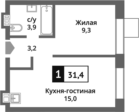 Планировка — Никольский квартал Отрада, 2-комн., 31 м²
