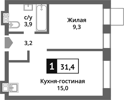 Планировка — Никольский квартал Отрада, 2-комн., 31 м²
