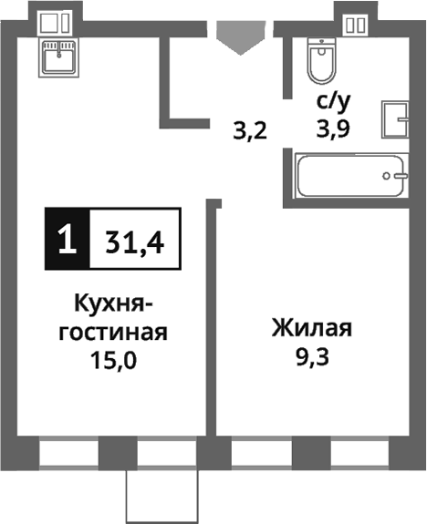 Планировка — Никольский квартал Отрада, 2-комн., 31 м²