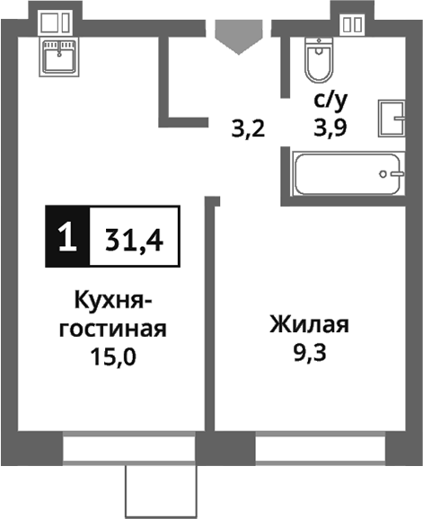 Планировка — Никольский квартал Отрада, 2-комн., 31 м²