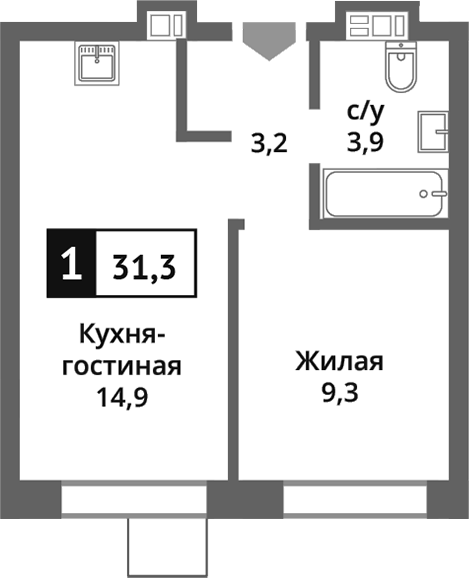 Планировка — Никольский квартал Отрада, 2-комн., 31 м²