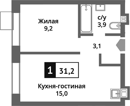 Планировка — Никольский квартал Отрада, 2-комн., 31 м²