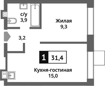 Планировка — Никольский квартал Отрада, 2-комн., 31 м²