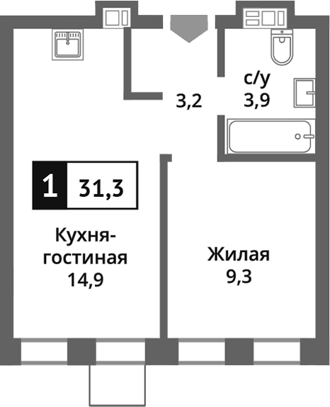 Планировка — Никольский квартал Отрада, 2-комн., 31 м²
